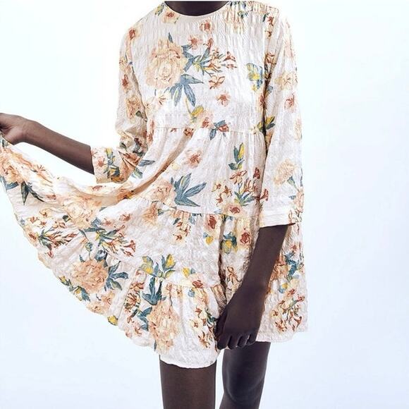 Zara Multicolor Floral Textured 3/4 Sleeve Tiered Flounce Hem Mini Shift Dress M - Picture 16 of 16
